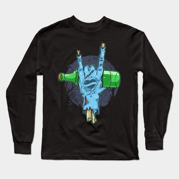 Tattooed Zombie Hand Holding Beer Long Sleeve T-Shirt by nissiu